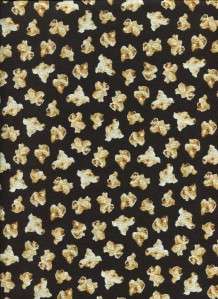 SNACKS REALISTIC POPCORN ON BLACK Cotton Fabric BTY for Quilting 