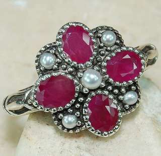 Natural Ruby & Seed Pearl 925 Solid Sterling Silver Victorian Style 