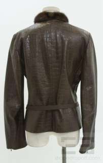 Max Mara Brown Croc Embossed Leather & Mink Fur Collar Jacket Size 