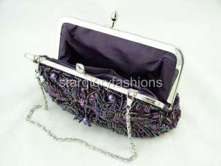 PURPLE Beaded Sequins Evening Clutch Crystal Frame  