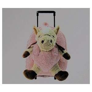  Kids plush stuffed animal trolley rolling backpack   pink horse 