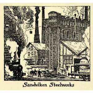  1938 Wood Engraving Sandviken Steelworks Sweden 