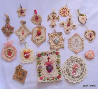 UNIQUE LOT OF 18 ANTIQUE EMBROIDERED DETENTES. MADE BY NUNS. MUST SEE 