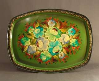 1950s VINTAGE RUSSIAN ART FLOWERS PAINT TIN TRAY PLATE  