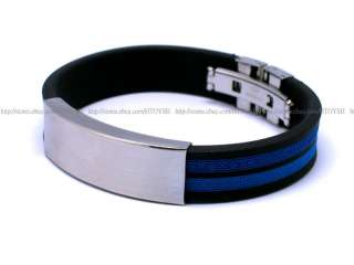 Mens Blue & Black Stainless Steel Rubber Bracelet 8  