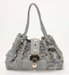   Choo Grey Metallic Perforated Suede & Gold Stud Riki Handbag  
