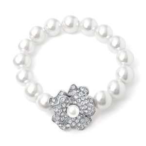  Pearl and Crystal Flower Bridal Stretch Bracelet 