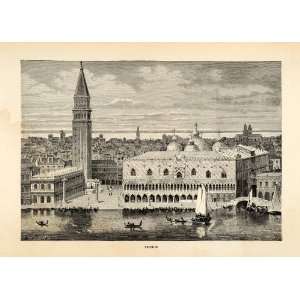 1882 Wood Engraving Art Venice Italy Cityscape Gondola Boats Ships 