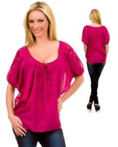 New~ Pretty Dark Pink Peasant TOP Blouse w/ Embroidery S, M, L  