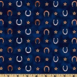  44 Wide Saddle Up Horseshoes & Stars Navy Fabric By The 