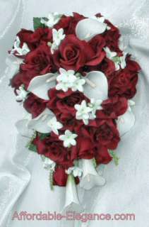 BURGUNDY Wine White CALLA LILIES Lily ROSES BRIDAL Bouquet Silk 