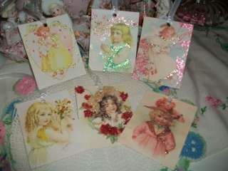   Maud Humphrey Pretty Little Girls Gift Tags Ornaments Handmade Glitter