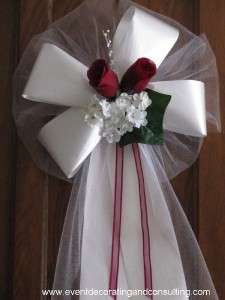 BURGUNDY ROSES WHITE satin ribbon pew bows for events  