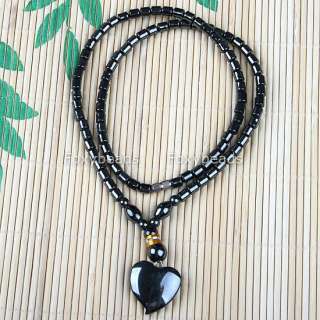 Black Hematite Column Heart Pendant Fashion Necklace #1  