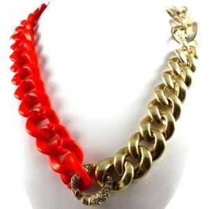 Luxe Couture Large & Long Orange & Gold Chunky Chain Linked Necklace 