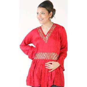  Red Designer Top with Brass Beads and Self Design   Crepe 