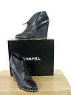 NIB CHANEL Leather Wedge Platform Chain Around Trim Black Ankle Boots 