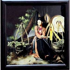  Vietnamese Lacquer Paintings   28 x 28 Flower Seller 