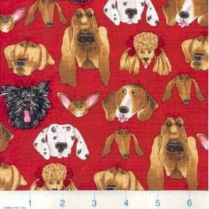  45 Wide Catberry Tails Dog Faces Red Fabric By The Yard 