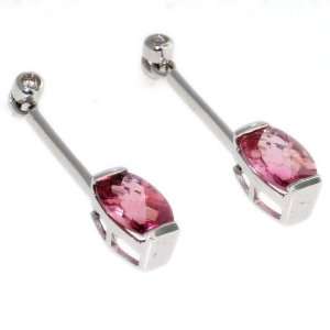  14K White Gold Pink Tourmaline & Diamond Earrings Jewelry