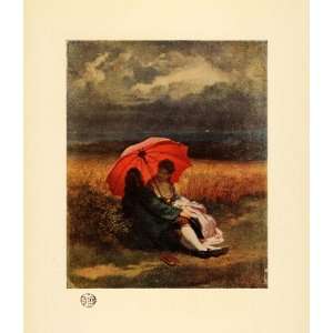  1920 Print Summer Oil Paint Umbrella Field Couple Lover 