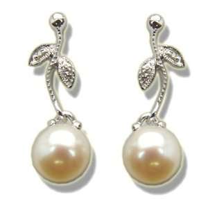    .02 ct 7mm Pearls White Gold Leaf Style Dangle Earring Jewelry