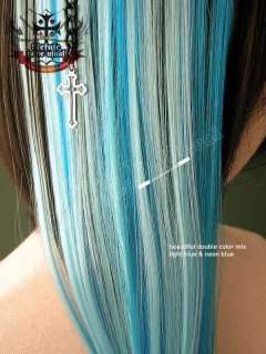 PUNK ROCK clip HAIR EXTENSION strip 3x18 Teal+Blue *2PC  