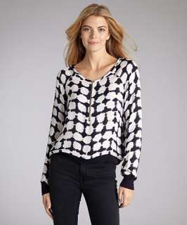 navy blotch patterned silk chiffon zip front blouse