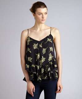 Alcee black floral print silk Lily spaghetti strap ruffle blouse