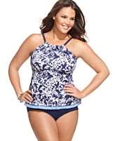 24th & Ocean Plus Size Swimsuit, Printed High Neck Tankini Top & Solid 