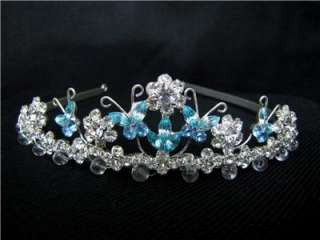 Sparkling Tiara Flowers&Blue Butterflies Bridal/Pageant  
