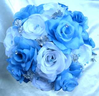 Wedding Bouquet Bridal Silk flowers BLUE SILVER WHITE 17pc package 