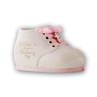   Christening Collection, God Bless You, Ceramic Baby Shoe Bank, Pink