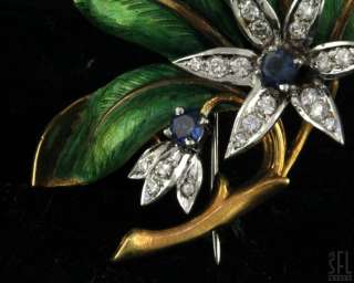   GOLD .84CTW DIAMOND/BLUE SAPPHIRE GREEN ENAMEL FLOWER BROOCH  
