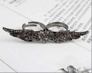 Chic Old Silver Wing Inlay Rhinestone Heart Two Finger Adjustable Ring 