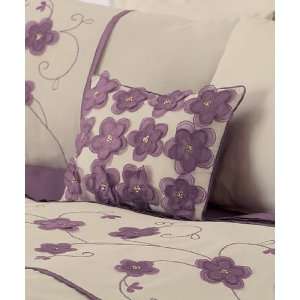 PURPLE HEATHER CREAM EMBROIDERED APPLIQUED FILLED CUSHION SHAM PILLOW 