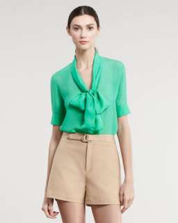 Short Sleeve Tie Neck Blouse & Belted Shorts