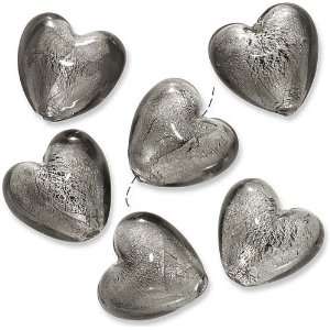  Murano Style Foil Heart Pendant Beads Silver Gray (6 