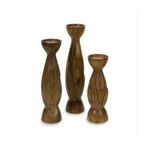   of 3 Traditional Hand Carved Mango Wood Votive or Pillar Candleholders