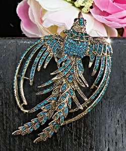 Stunning Phoenix Peacock Turquoise Blue Swarovski Crystals Gold Brooch 
