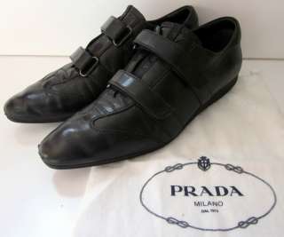 PRADA Sport black leather comfort sneaker shoes w/ velcro straps sz 38 