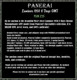   PANERAI LUMINOR 44MM STEEL 1950 8 DAYS GMT MONOPULSANTE PAM275 PAM 275