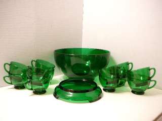 Vintage Anchor Hocking Glass Forest Green Punch Bowl, Stand & 12 Cups 