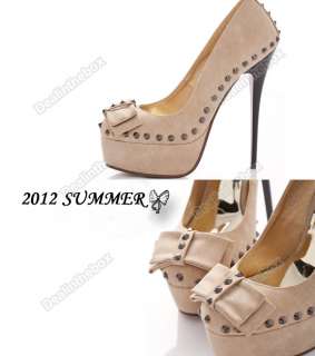 Lady Super High Heels Stiletto Platform Studded Bowknot Pumps Shoe 