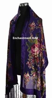   Burnout Velvet Vintage Floral Oblong Scarf Shawl Wrap, Purple  