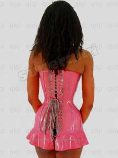   rubber 0.45mm Cup Corset Bustier Top lace up bone catsuit costume pink