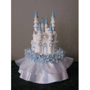   Silver Accents Castle Cake Topper with Blue Flowers