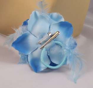 SKY BLUE Metallic ROSE FLOWER FEATHER HAIR Clip Ponytail Holder Brooch 