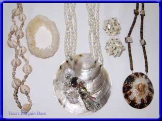 SEA SHELL*Large Necklace + Bracelet + Clip on Earrings/Vintage 