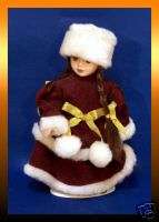   Porcelain DOLL with Brunette Braids & a Burgundy Winter Coat & Outfit